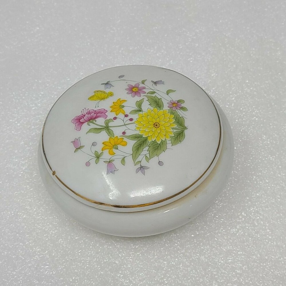 Vintage Floral Porcelain Trinket Jewelry Box Round